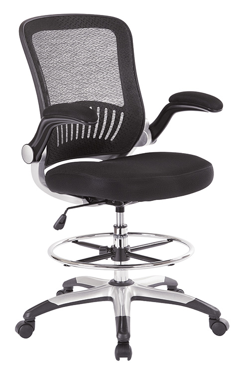 Mesh Back Drafting Chair in Black Faux Leather or Black Fabric Mesh Seat w/Adjustable Footring, Padded Flip Arms and Silver Frame