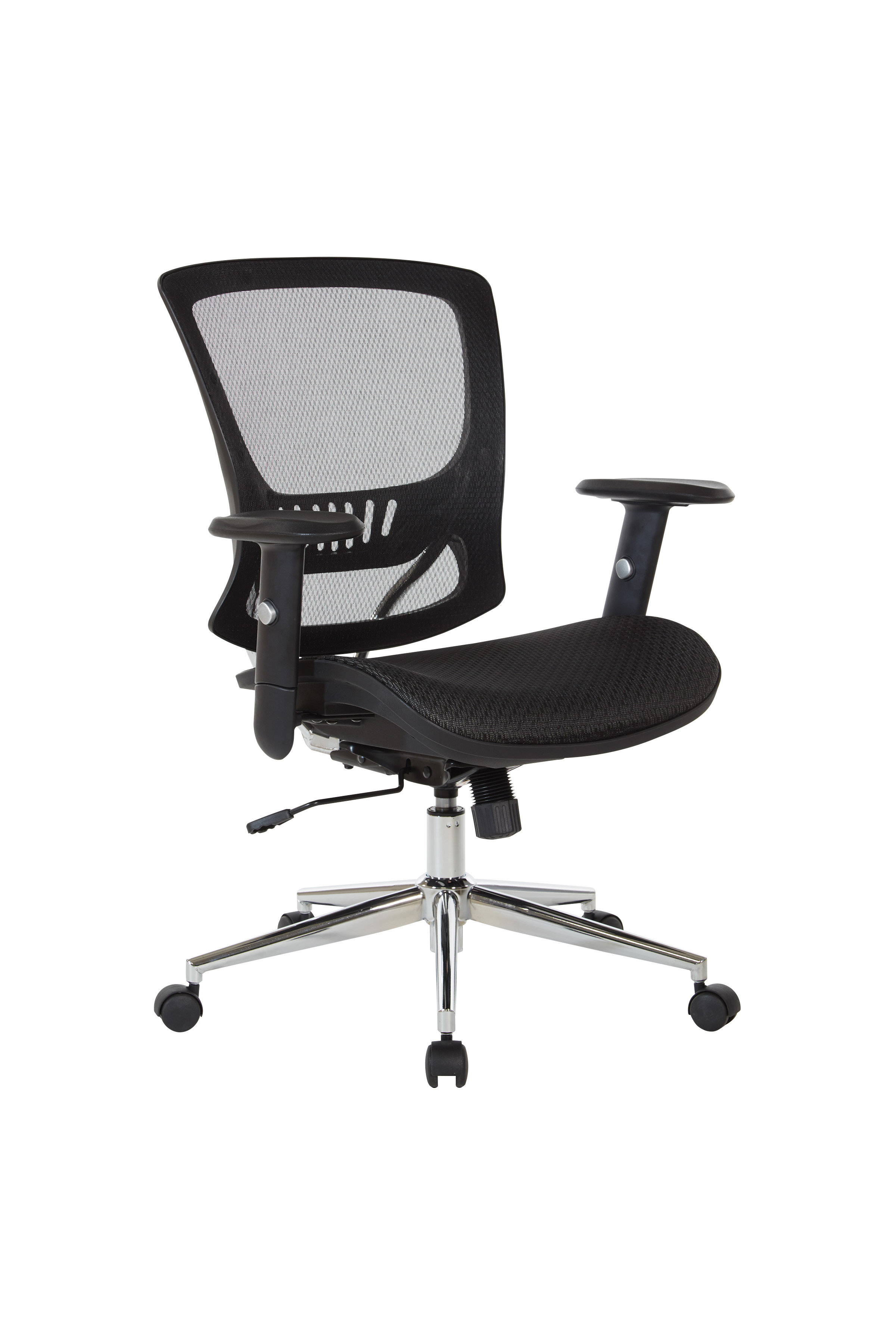 Mesh Screen Seat and Back Manager’s Chair with Height Adjustable Arms, Angled Chrome Base and Dual Wheel Carpet Casters