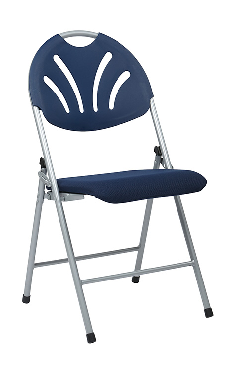 Folding Chair with Plastic Fan Back and Matching Fabric Seat with Silver Frame.