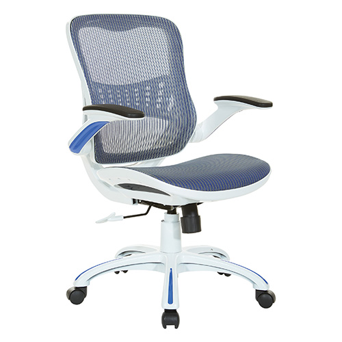 White Mesh Seat and Back Manager’s Chair with Padded Flip Arms, Heavy Duty Base with Silver Accents, and Dual Wheel Carpet Casters